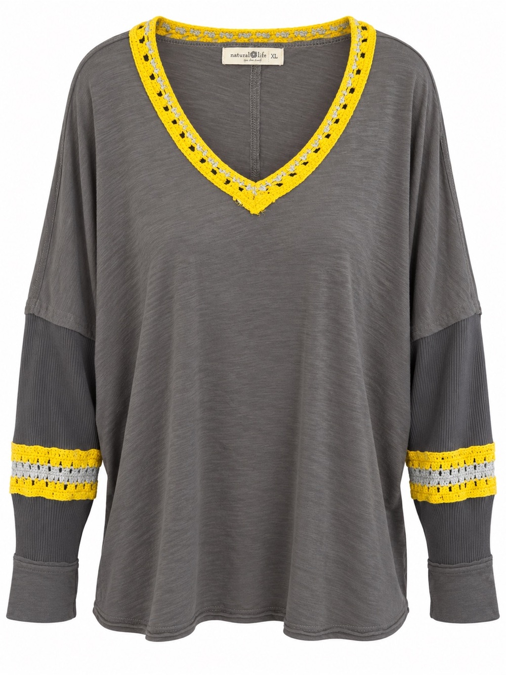 Natural Life 100% Cotton Gray, Lime Green Crochet Details size XL